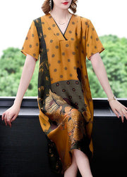 Plus Size Yellow V Neck Print Silk Long Dress Summer