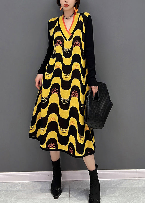Plus Size Yellow V Neck Striped Patchwork Knit Dress Fall