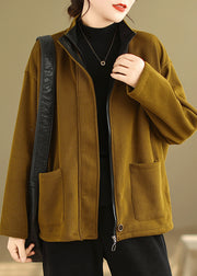 Plus Size Yellow Zip Up Pockets Patchwork Warm Fleece Coat Fall