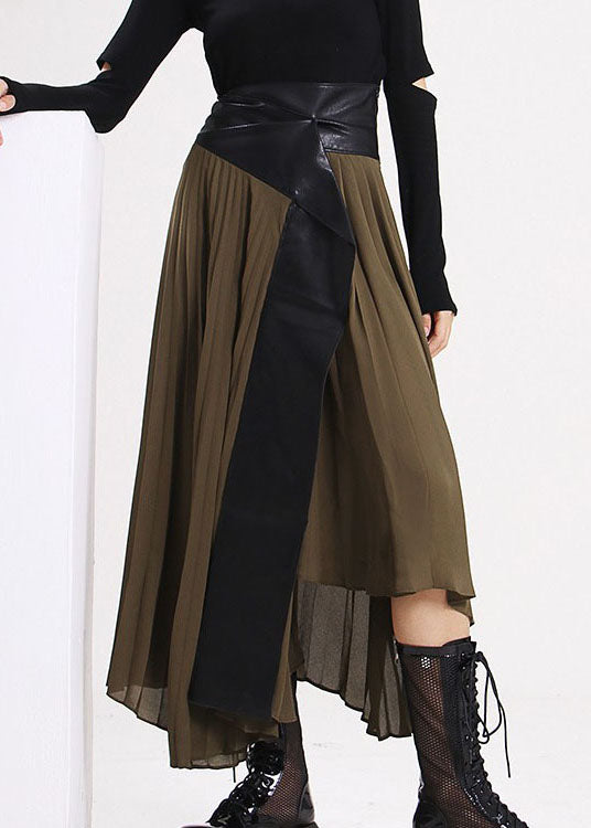 Plus Size army Green Asymmetrical Faux Leather Patchwork Chiffon Skirts Spring