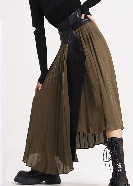 Plus Size army Green Asymmetrical Faux Leather Patchwork Chiffon Skirts Spring