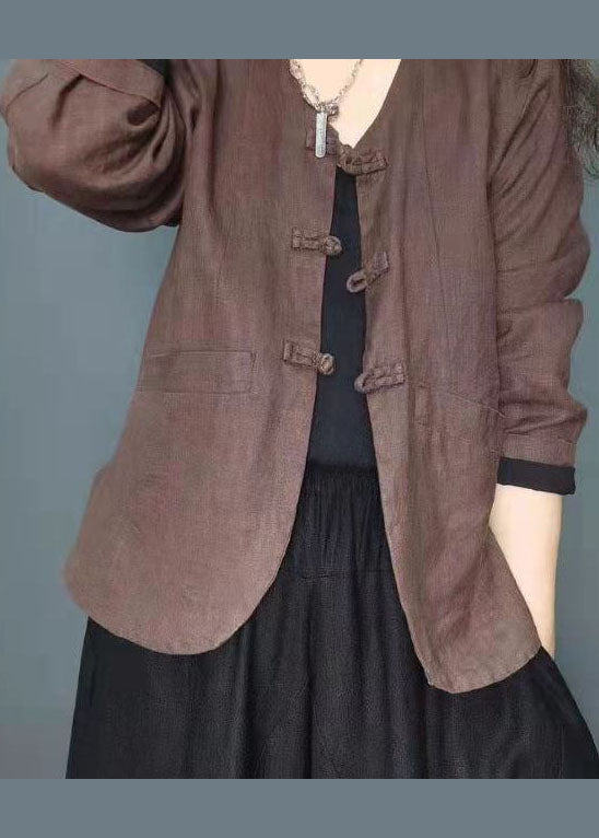 Plus Size Chocolate button pockets V Neck Linen coat Long Sleeve