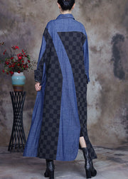 Plus Size Jeansblau Patchwork Plaid asymmetrisches Design Herbstmäntel