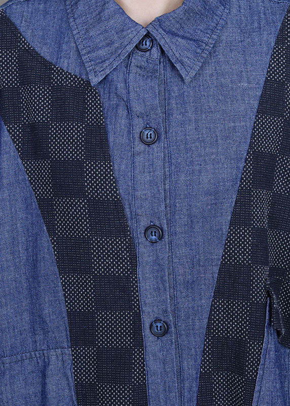 Plus Size denim blue Patchwork Plaid asymmetrical design Fall Coats