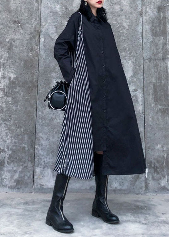 Plus size Black Asymmetrical Striped Patchwork shirt Dresses Spring