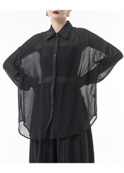 Plus size Black button Peter Pan Collar Patchwork tulle Shirts Spring
