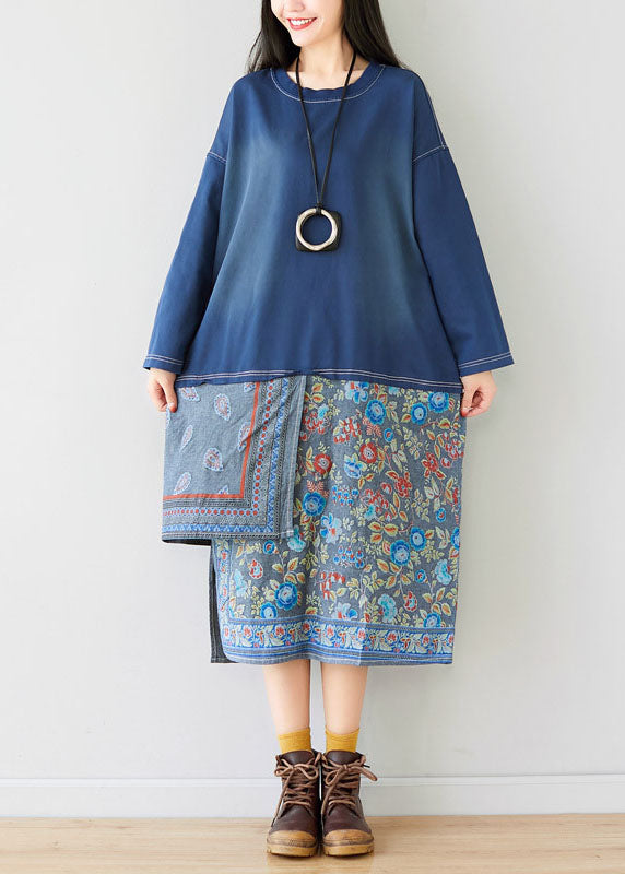 Plus size Blue Patchwork print Sweatshirt dresses Spring