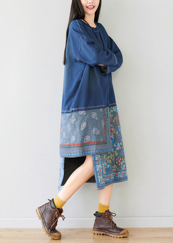 Plus-Size-blaues Patchwork-Print-Sweatshirt Kleider Frühling