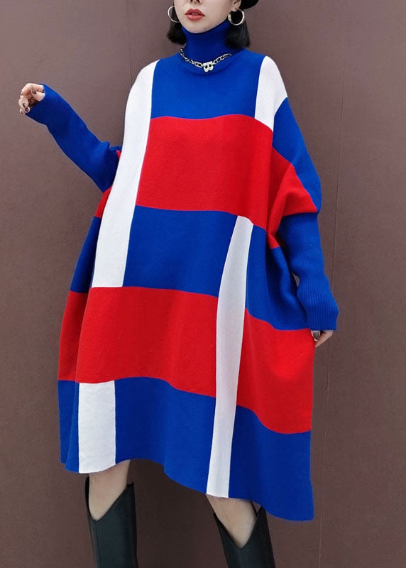 Plus size Blue red Turtle Neck Knit Dress Spring