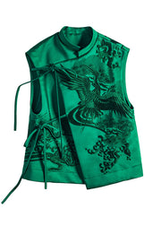Plus size Green Stand Collar Embroidered Lacing Silk Vest Spring