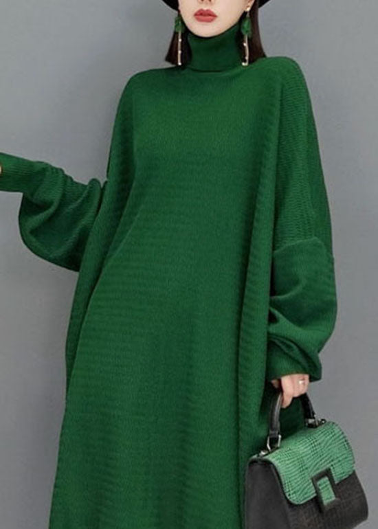 Plus Größe grüner Rollkragen-Strickpullover Kleider Fledermausärmel