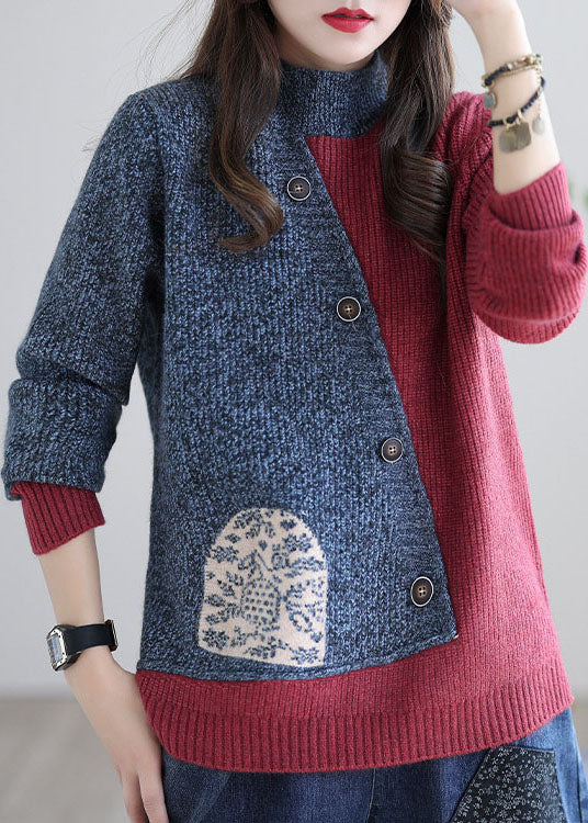 Plus size Red grey Stand Collar Patchwork Knit tops Spring