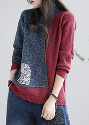 Plus size Red grey Stand Collar Patchwork Knit tops Spring