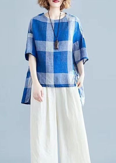 Plus Size Blue low high design O-Neck Plaid Linen Top long sleeve