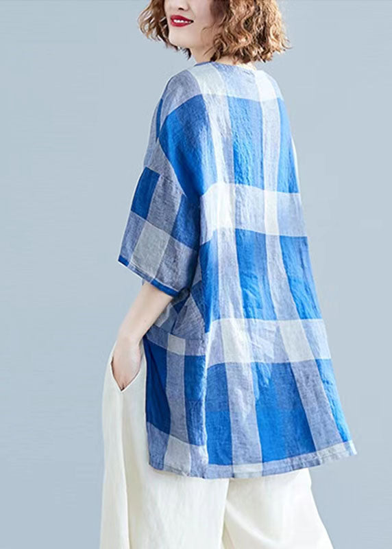 Plus Size Blue low high design O-Neck Plaid Linen Top long sleeve