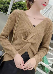 Plus Size Chocolate V Neck Knit  Fall Tops