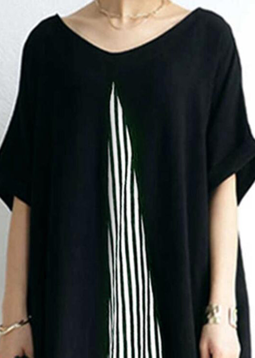 Pocket Short Sleeve Splicing Striped Color Black Maxi Dress