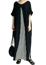 Pocket Short Sleeve Splicing Striped Color Black Maxi Dress
