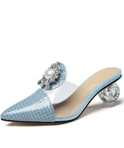 Pointed Toe Blue Zircon Splicing Chunky Clear Heels