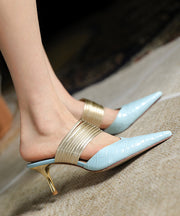 Pointed Toe Yellow Cowhide Leather Splicing Stiletto Slide Sandals