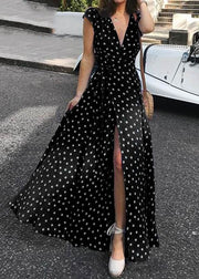 Polka Dots V-neck Short Sleeve Print Split Party Wrap Maxi Dress