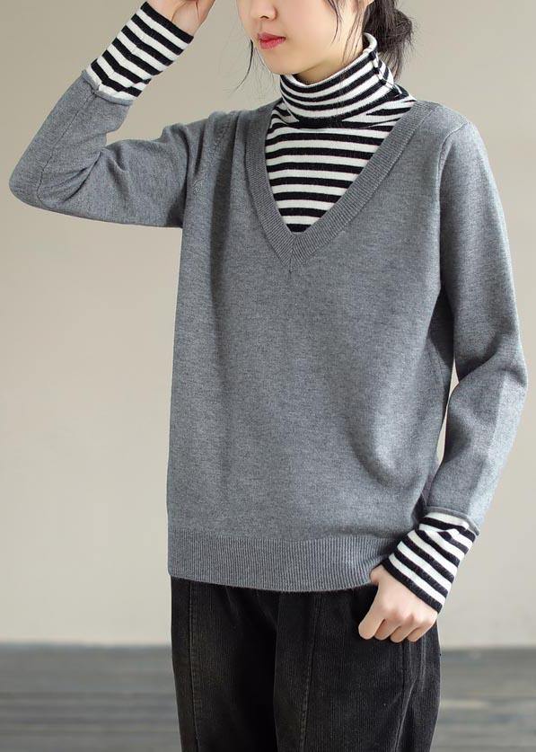 Pullover Light Gray Sweater Tops Patchwork High Neck Plus Size Spring Knit Sweat Tops - SooLinen