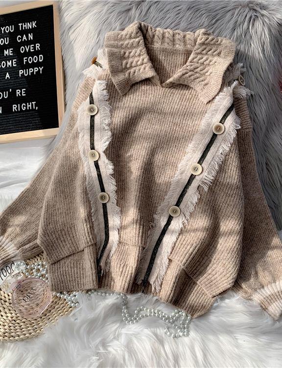 Pullover beige crane tops lapel asymmetric plus size knitted blouse - SooLinen