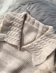 Pullover beige crane tops lapel asymmetric plus size knitted blouse - SooLinen