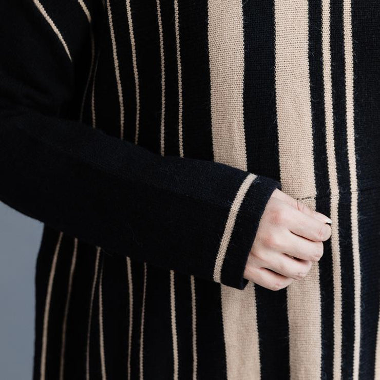 Pullover black striped Sweater dress outfit  Street Style oversized  o neck knit dress