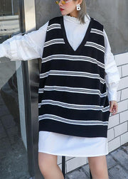 Pullover black striped knit blouse v neck sleeveless knit tops - SooLinen
