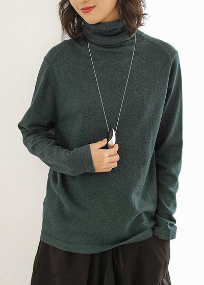 Pullover blackish green knit sweat tops casual high neck knitted pullover - SooLinen