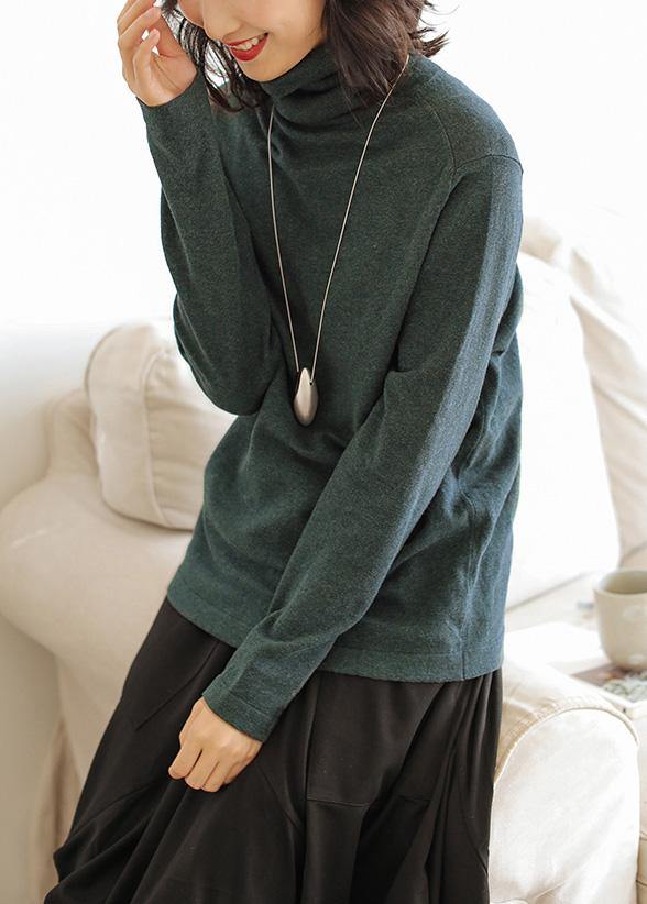 Pullover blackish green knit sweat tops casual high neck knitted pullover - SooLinen