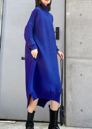Pullover blue Sweater dress outfit Street Style high neck low high design baggy fall knitted dress - SooLinen