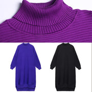 Pullover blue Sweater dress outfit Street Style high neck low high design baggy fall knitted dress - SooLinen