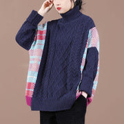 Pullover blue plaid knit tops spring fashion high neck knit blouse - SooLinen