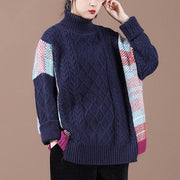 Pullover blue plaid knit tops spring fashion high neck knit blouse - SooLinen