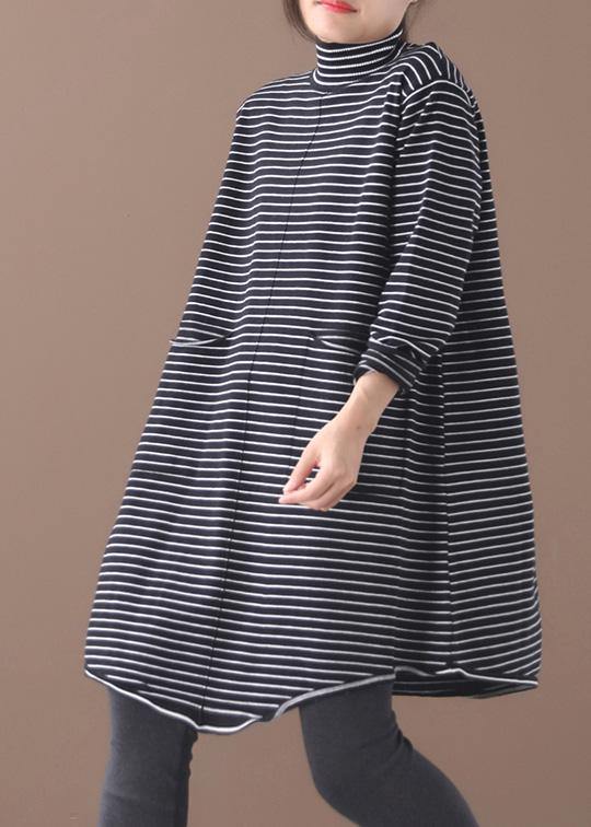 Pullover blue striped knitwear oversize high neck asymmetric knit tops - SooLinen