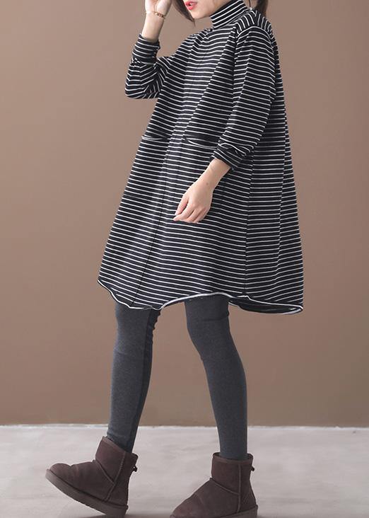 Pullover blue striped knitwear oversize high neck asymmetric knit tops - SooLinen