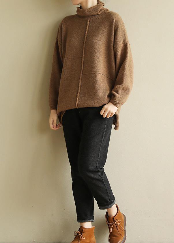 Pullover brown clothes For Women patchwork casual Turtleneck knit tops - SooLinen