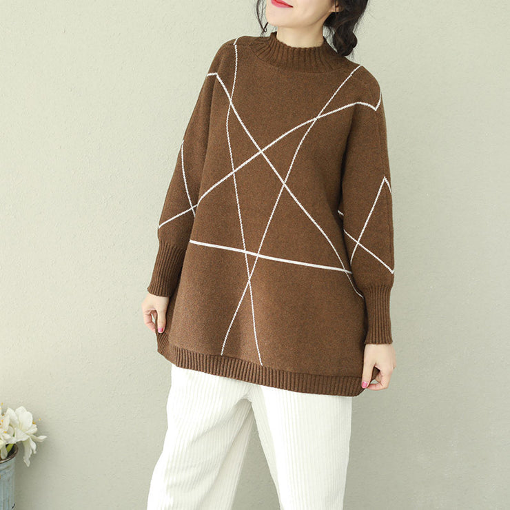 Pullover brown knitted tops plus size o neck knitwear