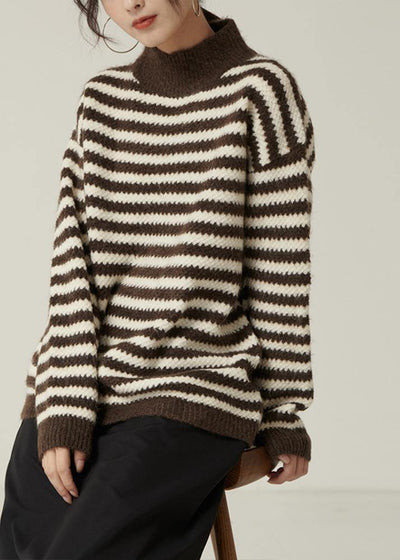 Pullover fall brown striped knit tops Loose fitting high neck knitted pullover - SooLinen