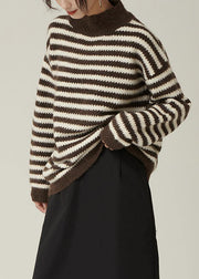 Pullover fall brown striped knit tops Loose fitting high neck knitted pullover - SooLinen
