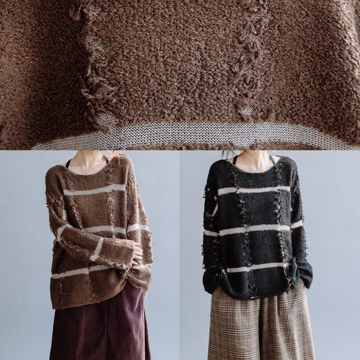 Pullover fall chocolate striped knit sweat tops o neck Sweater Blouse - SooLinen