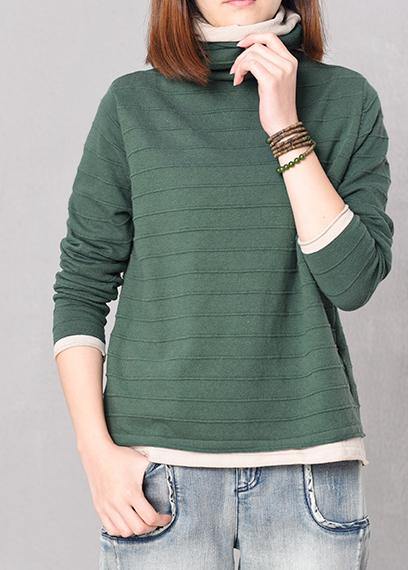 Pullover green knitted blouse plus size high neck knitwear false two pieces - SooLinen