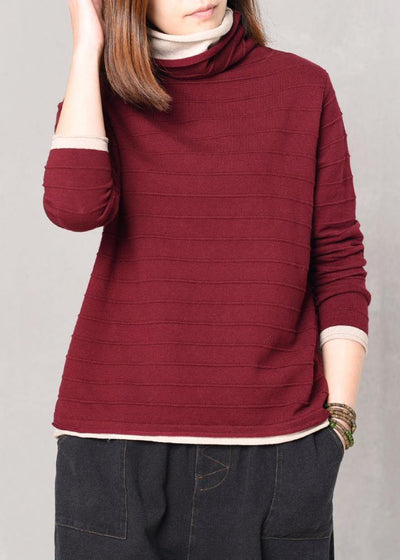 Pullover hige neck knitted tops oversize false two pieces patchwork color sweater red - SooLinen