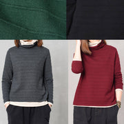 Pullover hige neck knitted tops oversize false two pieces patchwork color sweater red - SooLinen