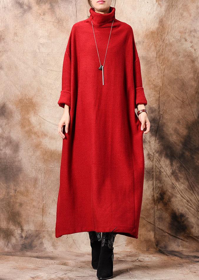 Pullover high neck Sweater dresses plus size red Hipster knitted tops fall - SooLinen