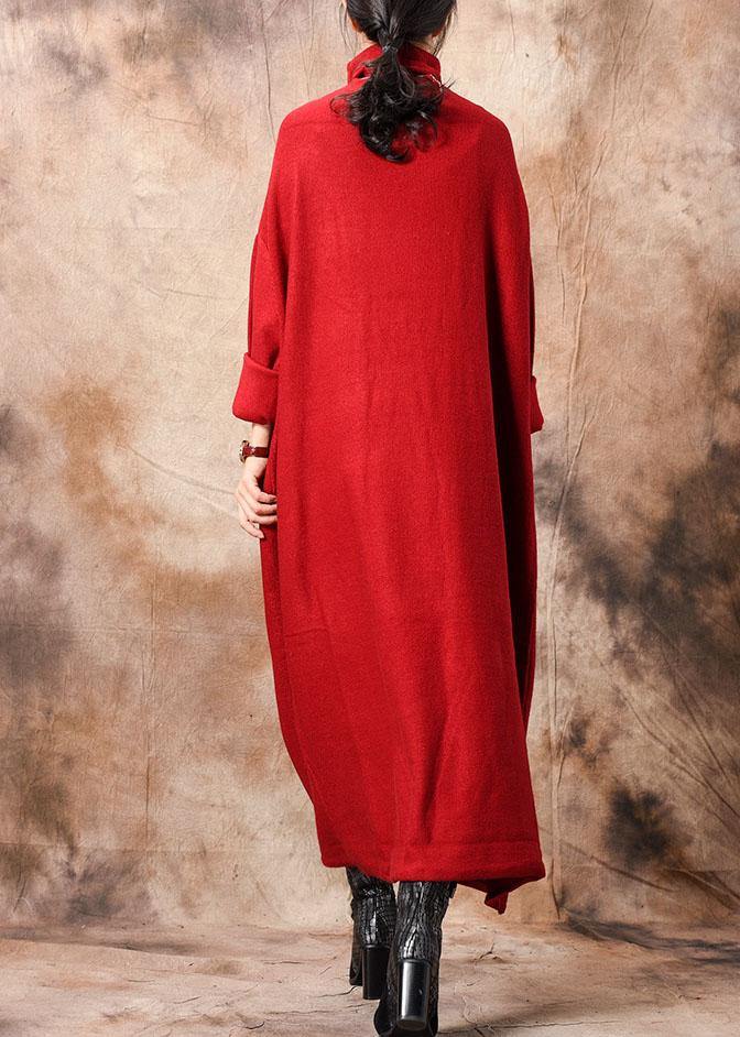 Pullover high neck Sweater dresses plus size red Hipster knitted tops fall - SooLinen
