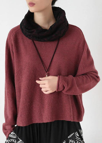 Pullover high neck red knit sweat tops trendy plus size Batwing Sleeve clothes - SooLinen