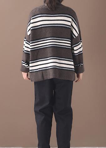 Pullover khaki striped knitted clothes plus size winter knitted blouse high neck - SooLinen